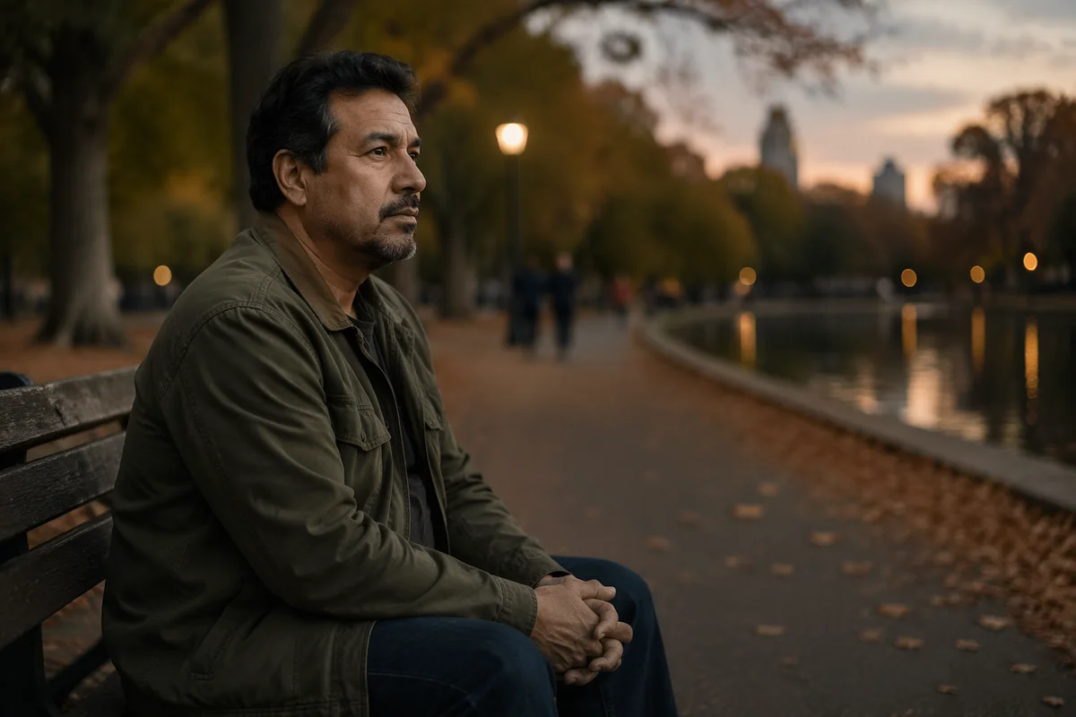 Man Sitting on Park Bench at Dusk