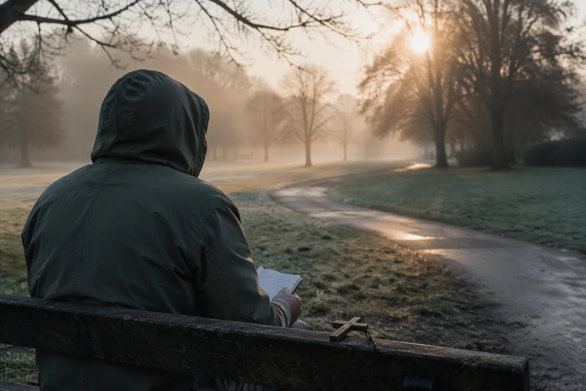 Solitary Dawn Reflection on Park Bench