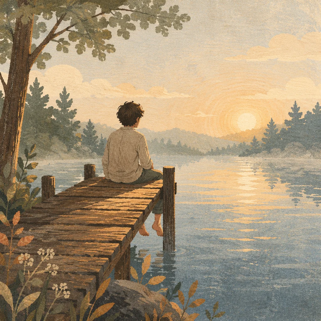Peaceful Sunrise Reflection on Lake Dock