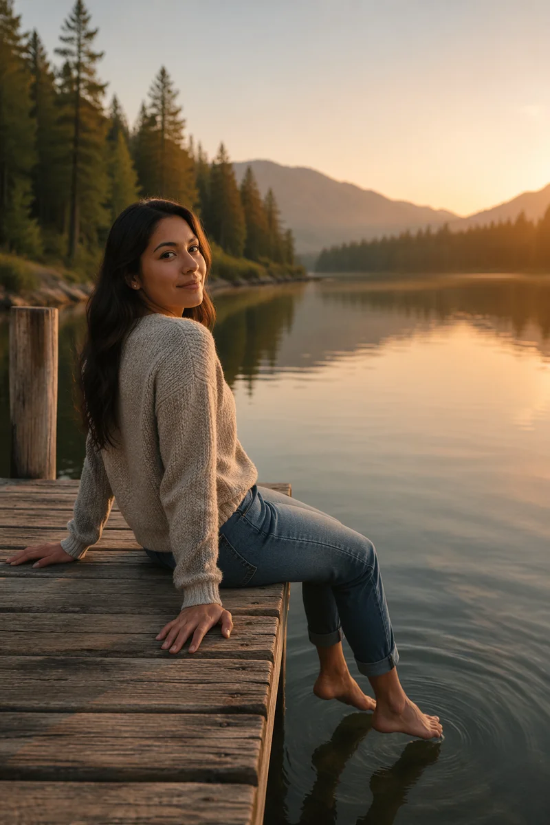 Woman Sitting on Dock by Lake