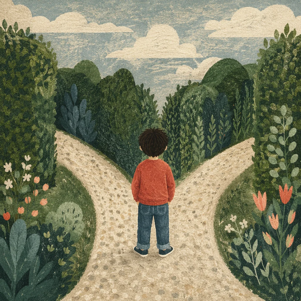 Child Choosing Path at Garden Crossroads