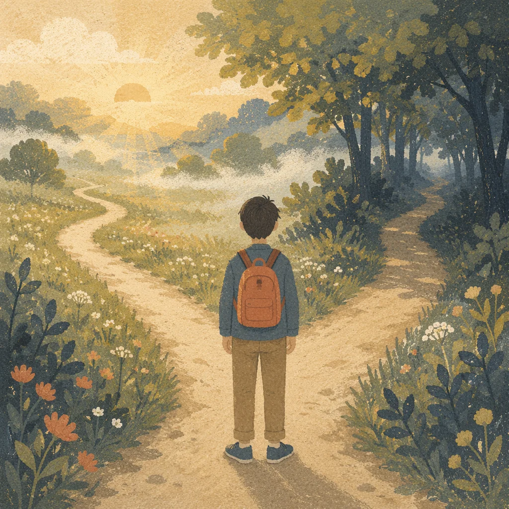 Contemplative Crossroads Path at Sunrise