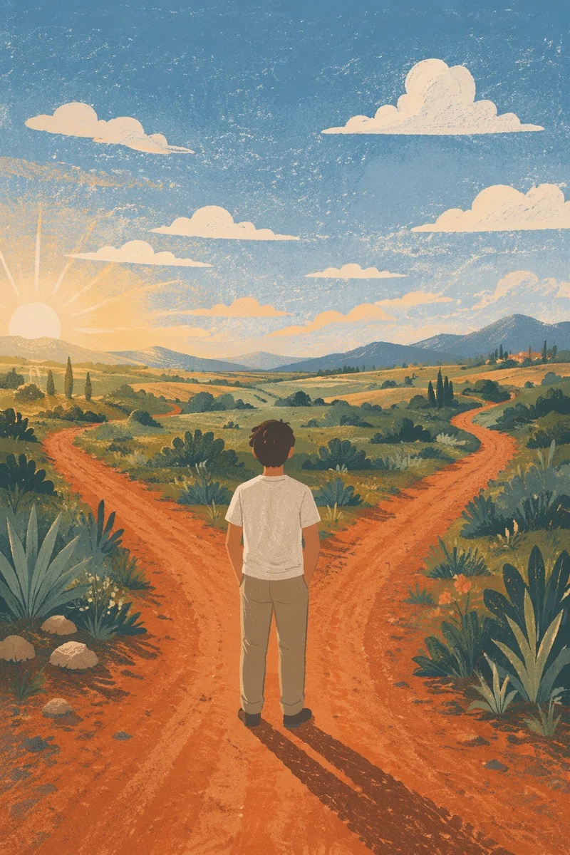 Person Choosing Path at Rural Crossroads