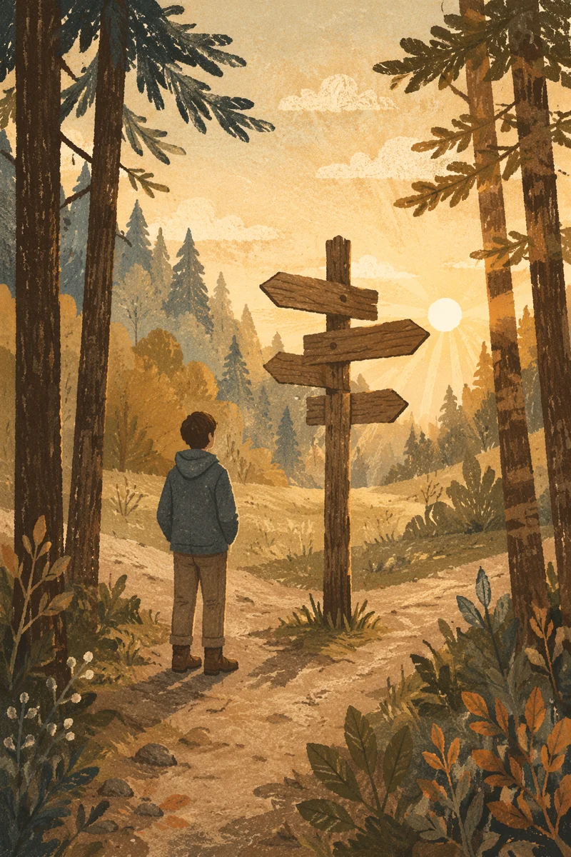 Contemplative Traveler at Woodland Crossroads