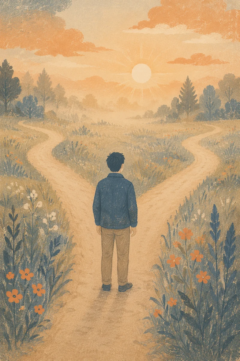 Person at Crossroads in Misty Sunrise Meadow
