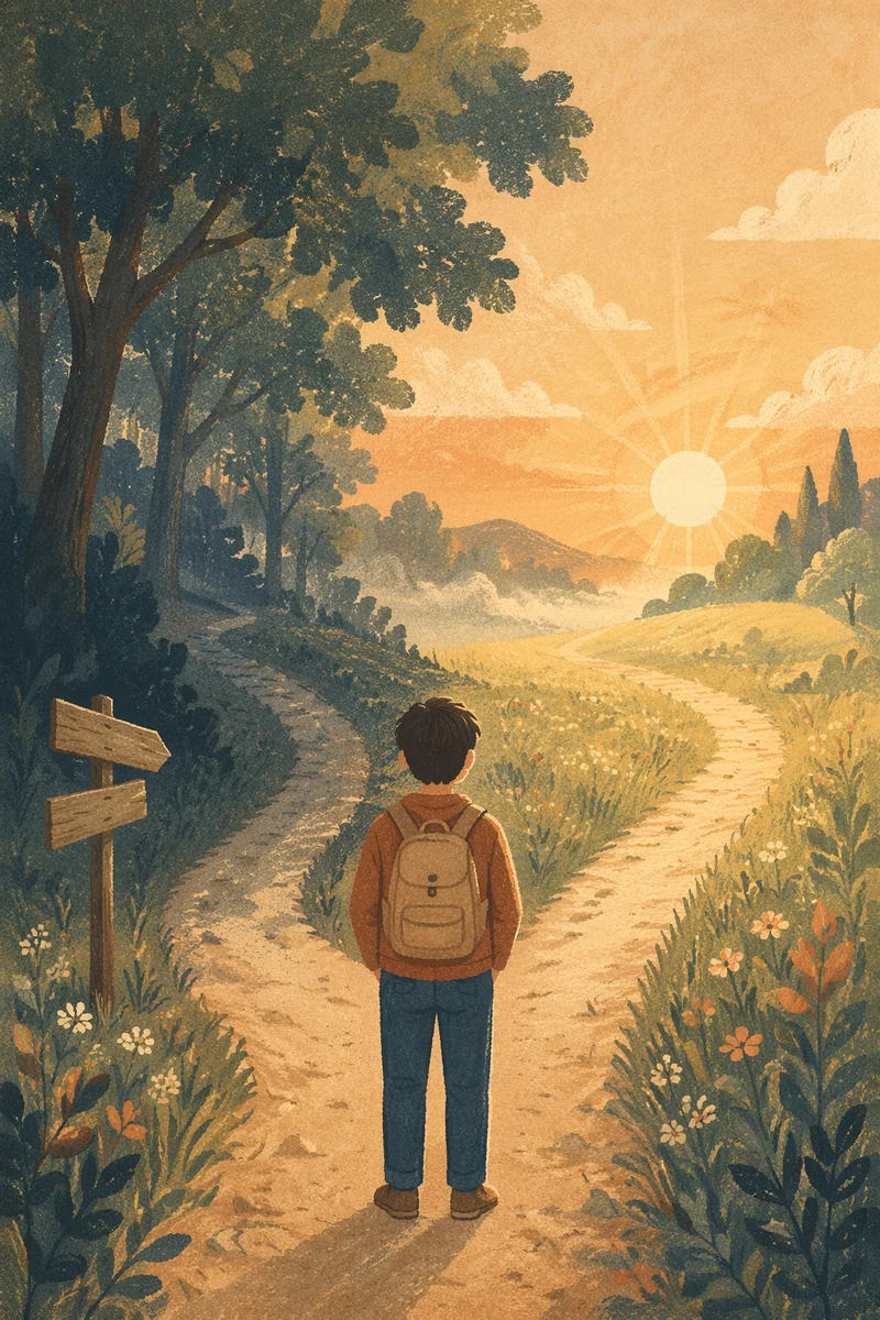 Contemplative Traveler Facing a Countryside Crossroads