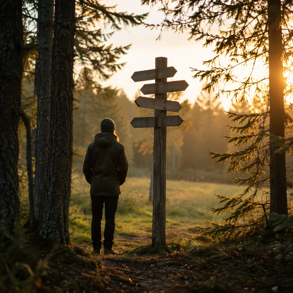 Person Contemplating Choices at Woodland Crossroads