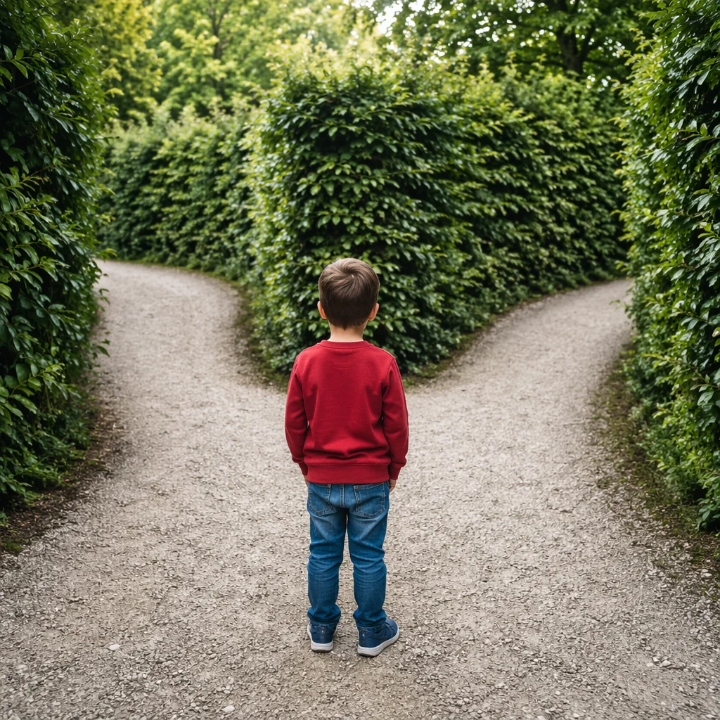 Child Facing a Garden Path Crossroads