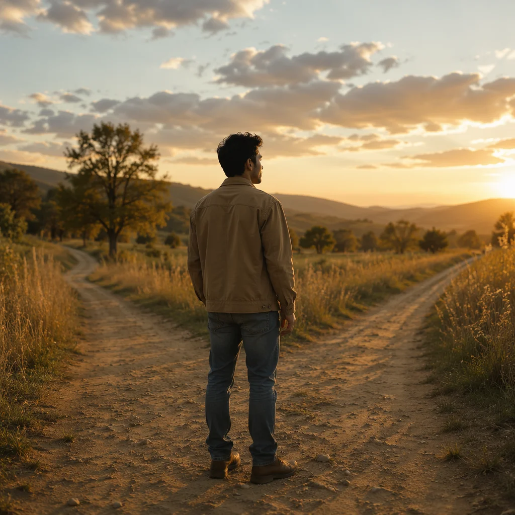 Man Standing at Forked Country Path