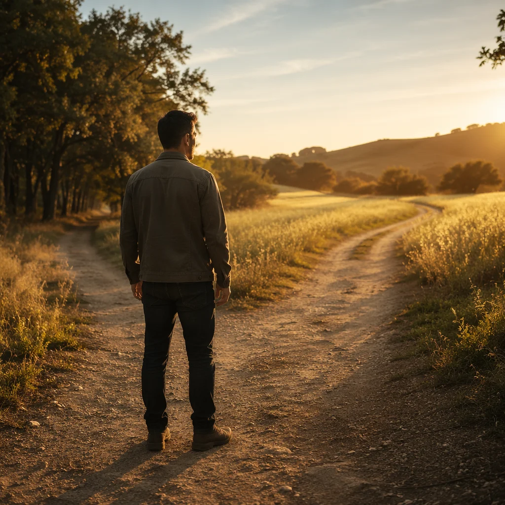 Man Standing at Countryside Forked Path
