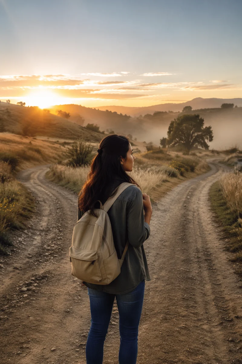 Woman at Forked Countryside Path Sunrise