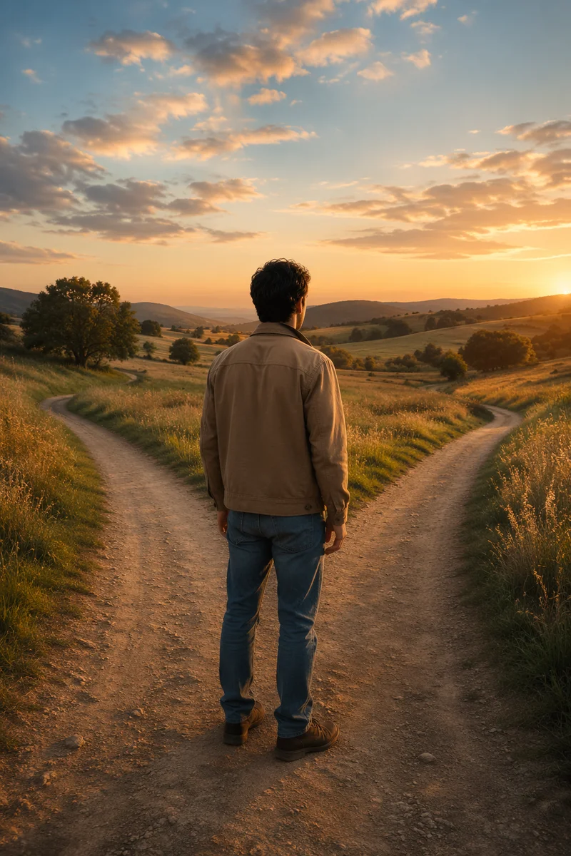 Man Standing at Forked Country Path