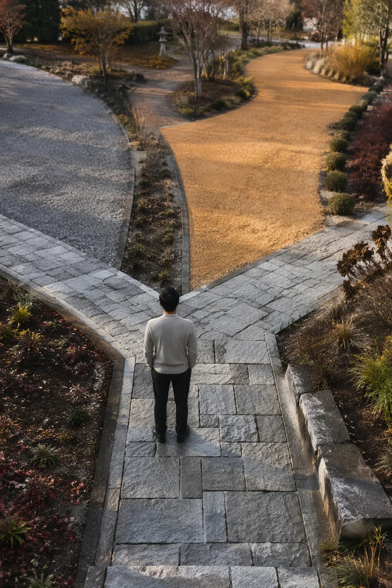 Solitary Figure Choosing a Garden Path