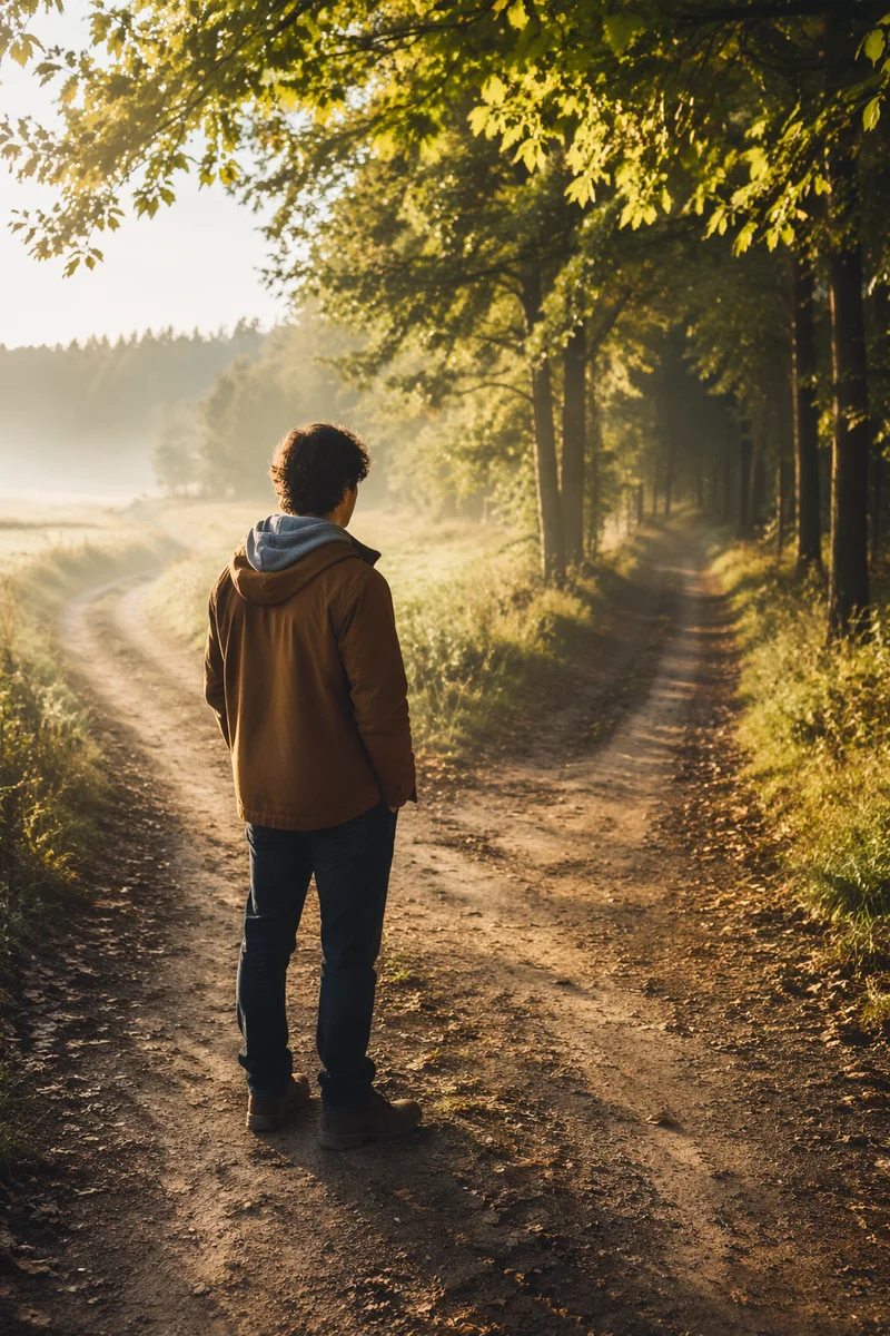 Contemplative Person at Countryside Path Fork