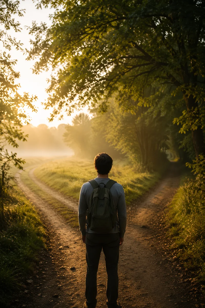 Contemplative Person Facing Countryside Crossroads