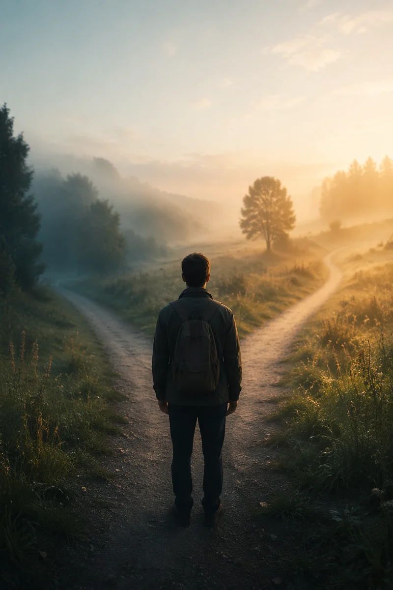 Contemplative Traveler Facing Two Misty Paths