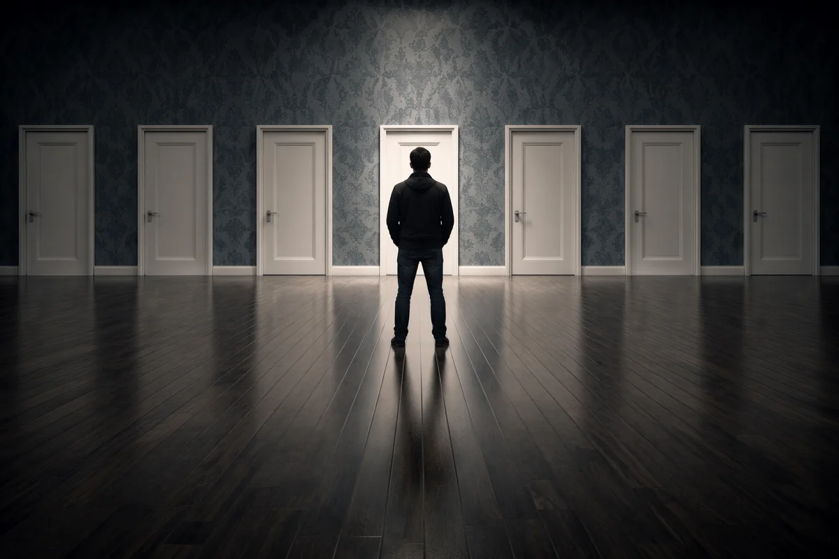 Person Facing Closed Doors of Choice
