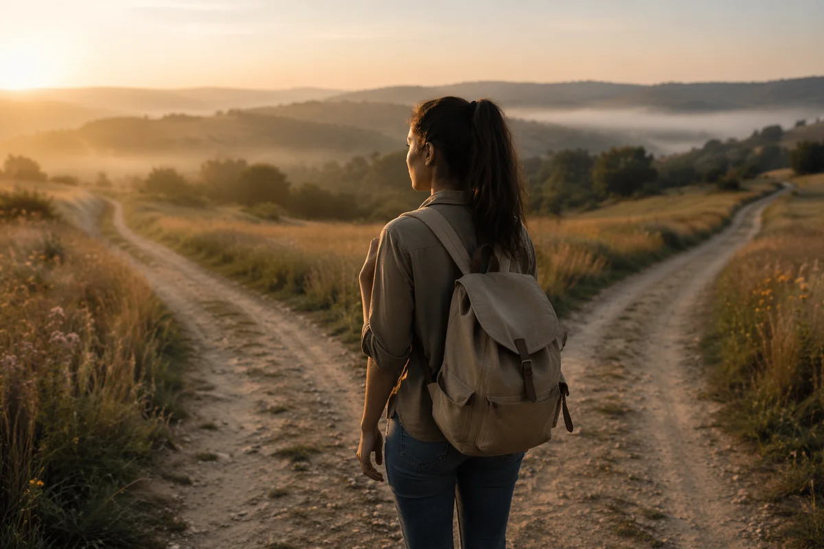 Woman at Forked Country Path Sunrise