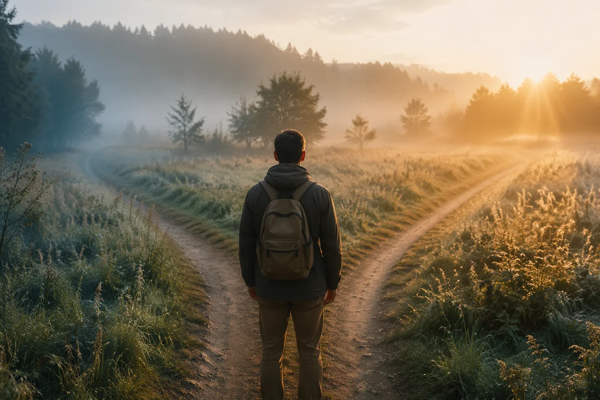 Contemplative Traveler at Misty Crossroads