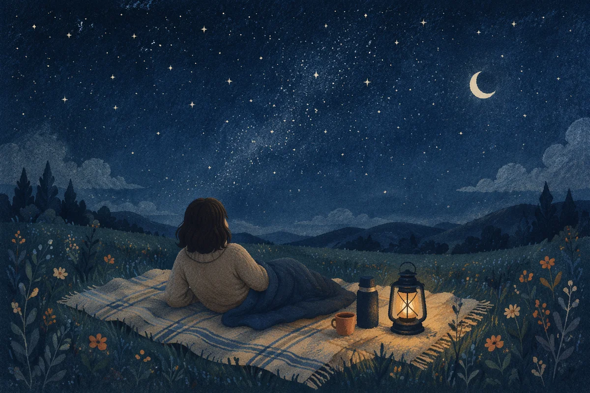 Peaceful Stargazing on Blanket in Meadow