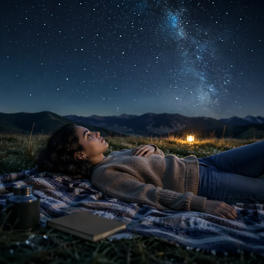 Woman Stargazing on Blanket in Meadow