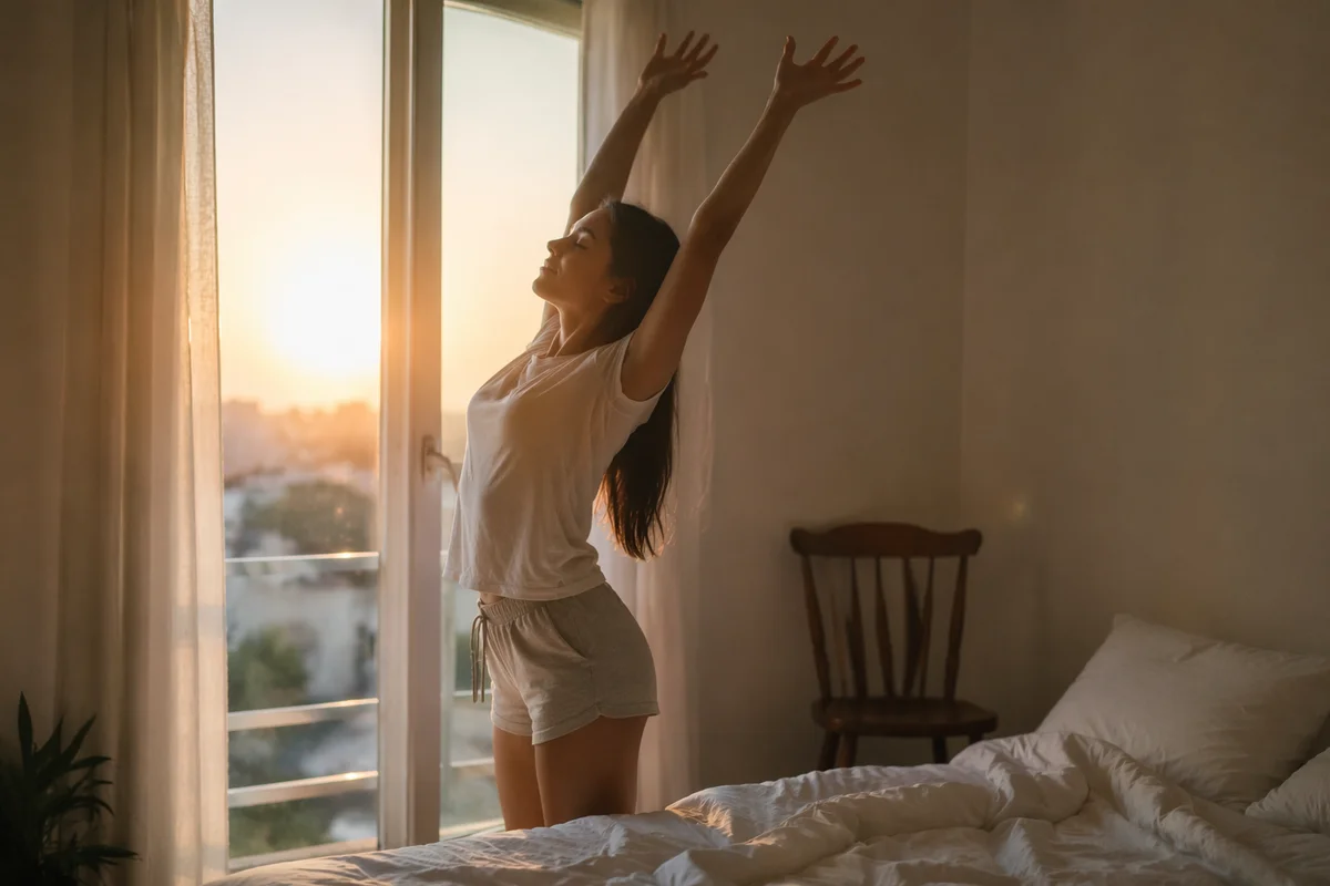 Woman Stretching by Window at Sunrise