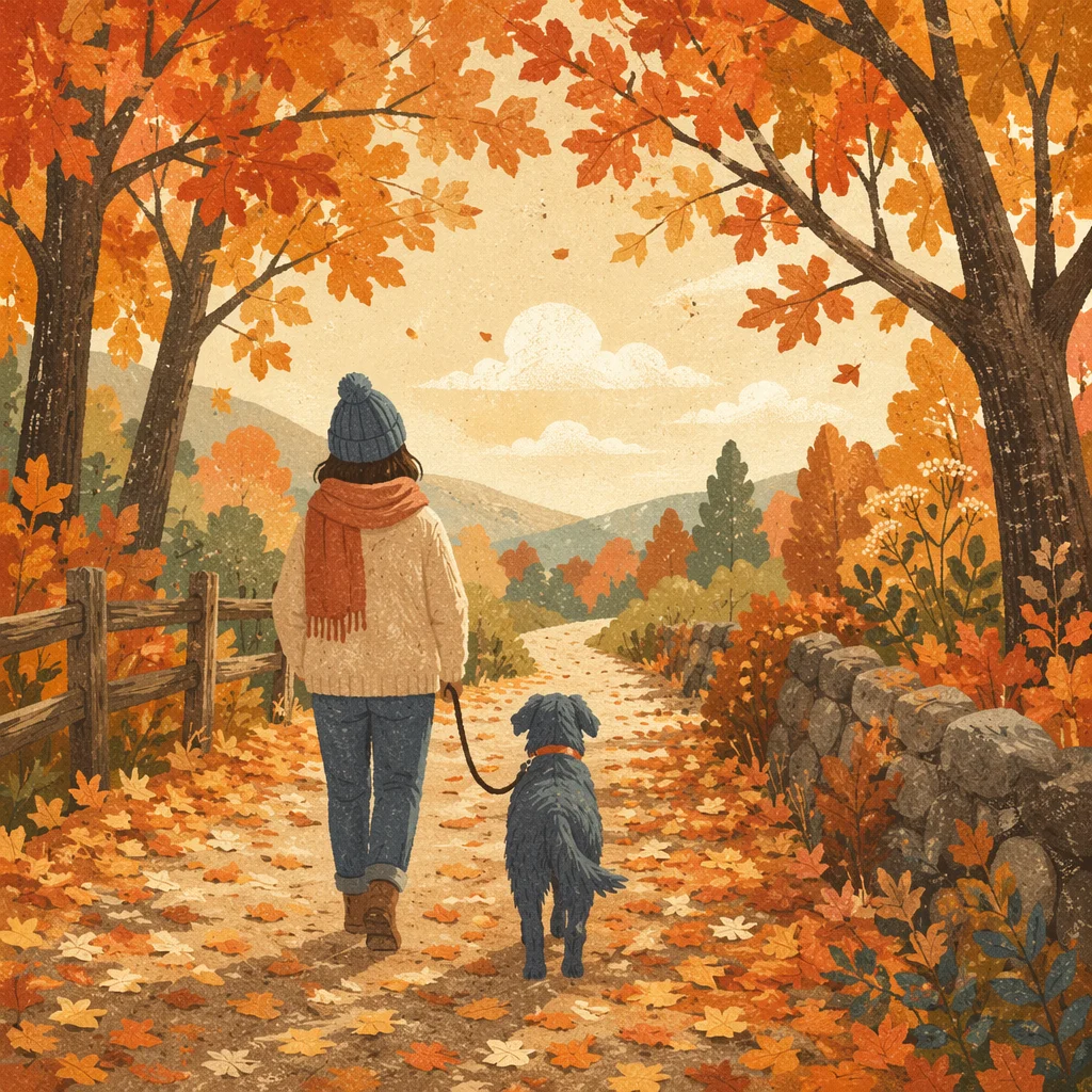 Autumn Dog Walk on Tree Lined Path