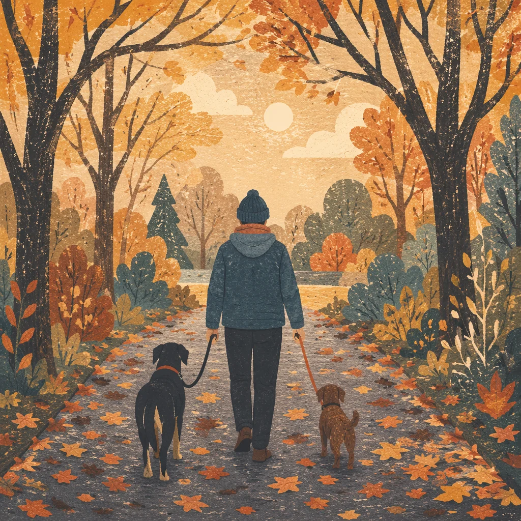Autumn Dog Walk on Tree Lined Path
