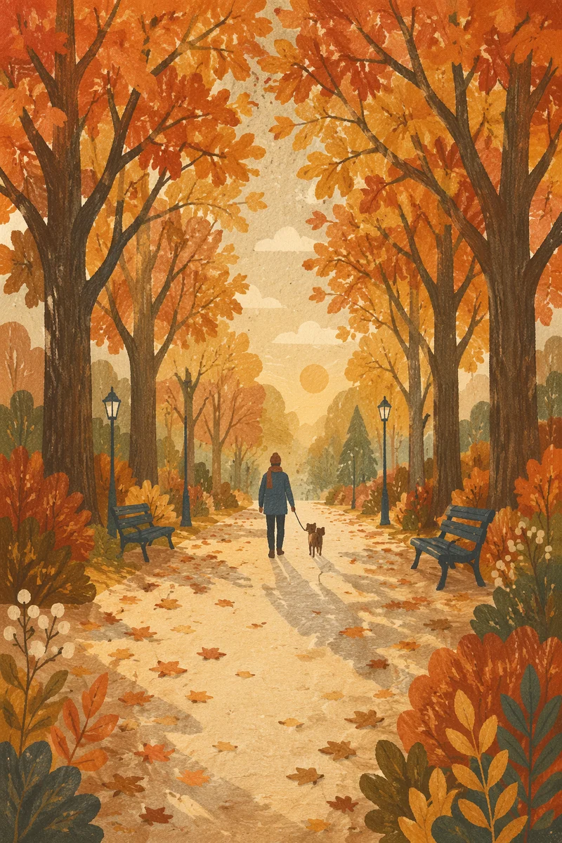 Person Walking Dog on Autumn Path