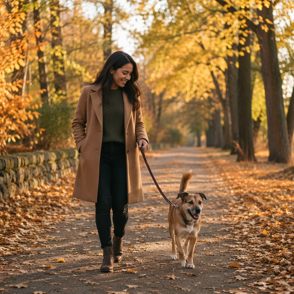 Woman Walking Dog on Autumn Path