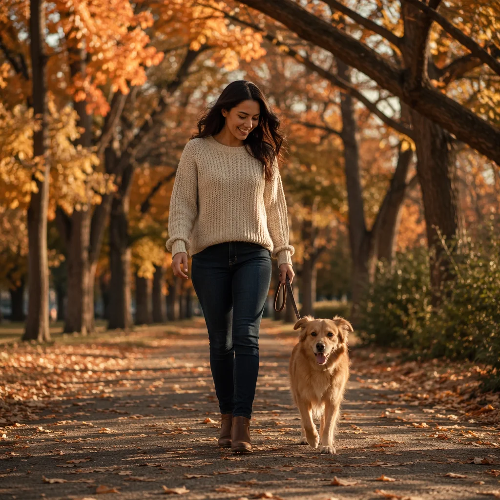 Woman Walking Dog on Autumn Path