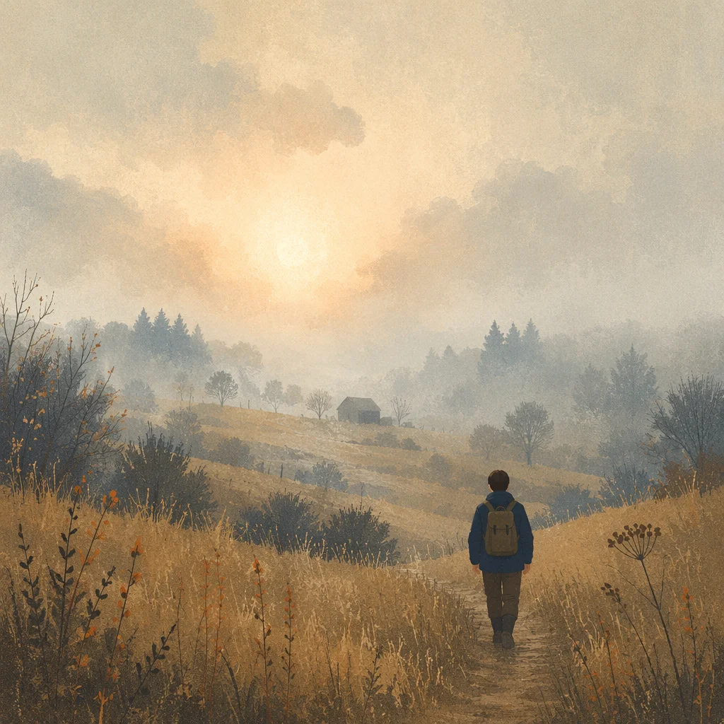 Solitary Walk Toward Light in Morning Fog