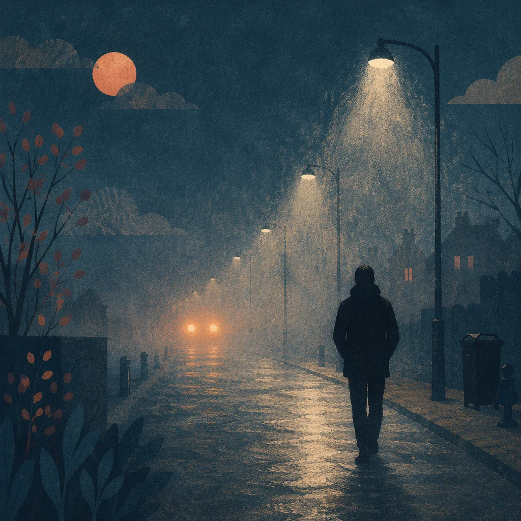 Lone Silhouette Walking Toward Warm Light