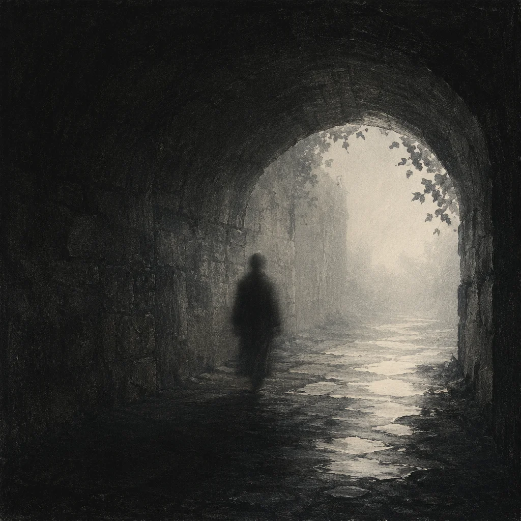 Solitary Walk Through Fog Toward Light