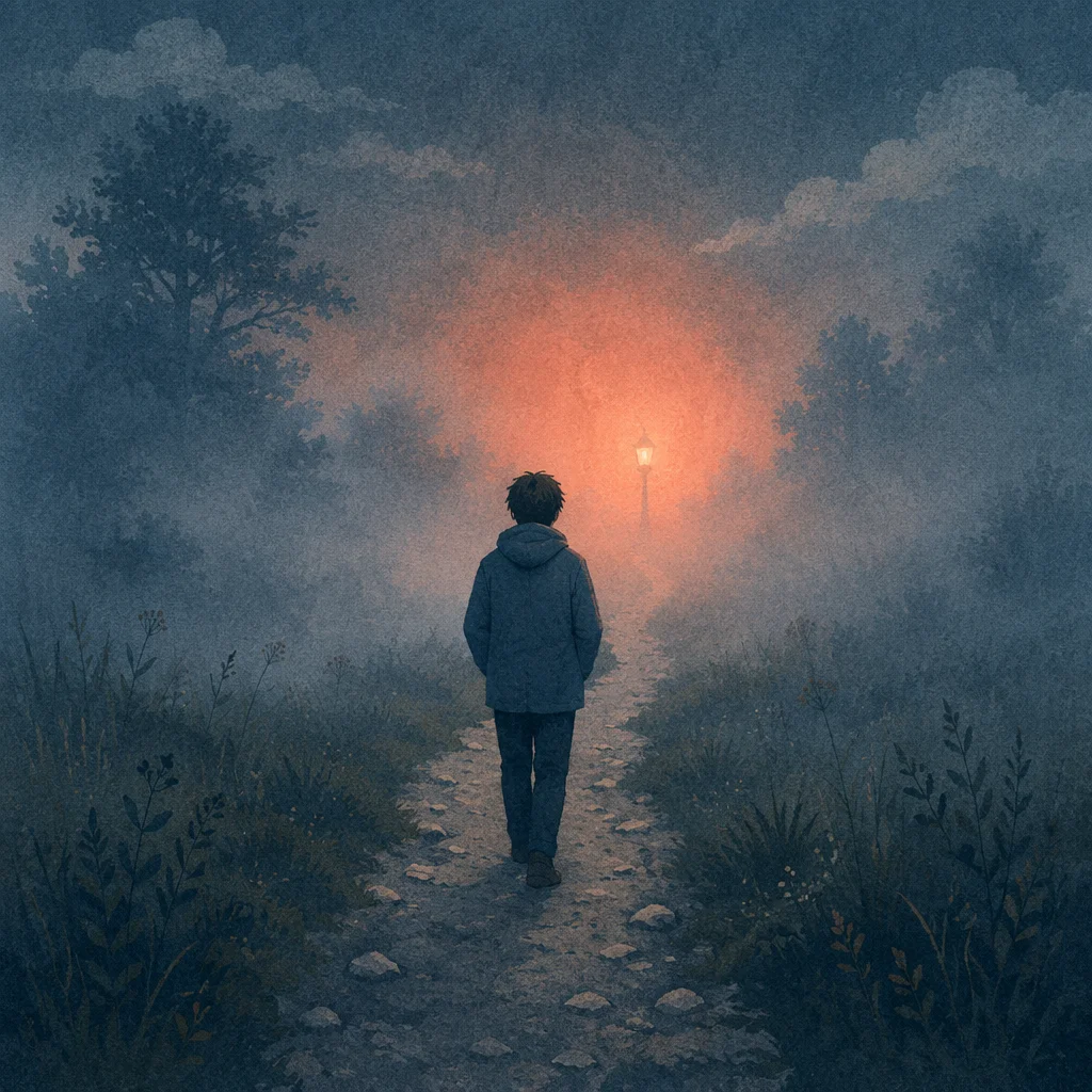 Lone Walker Toward Light in Evening Fog