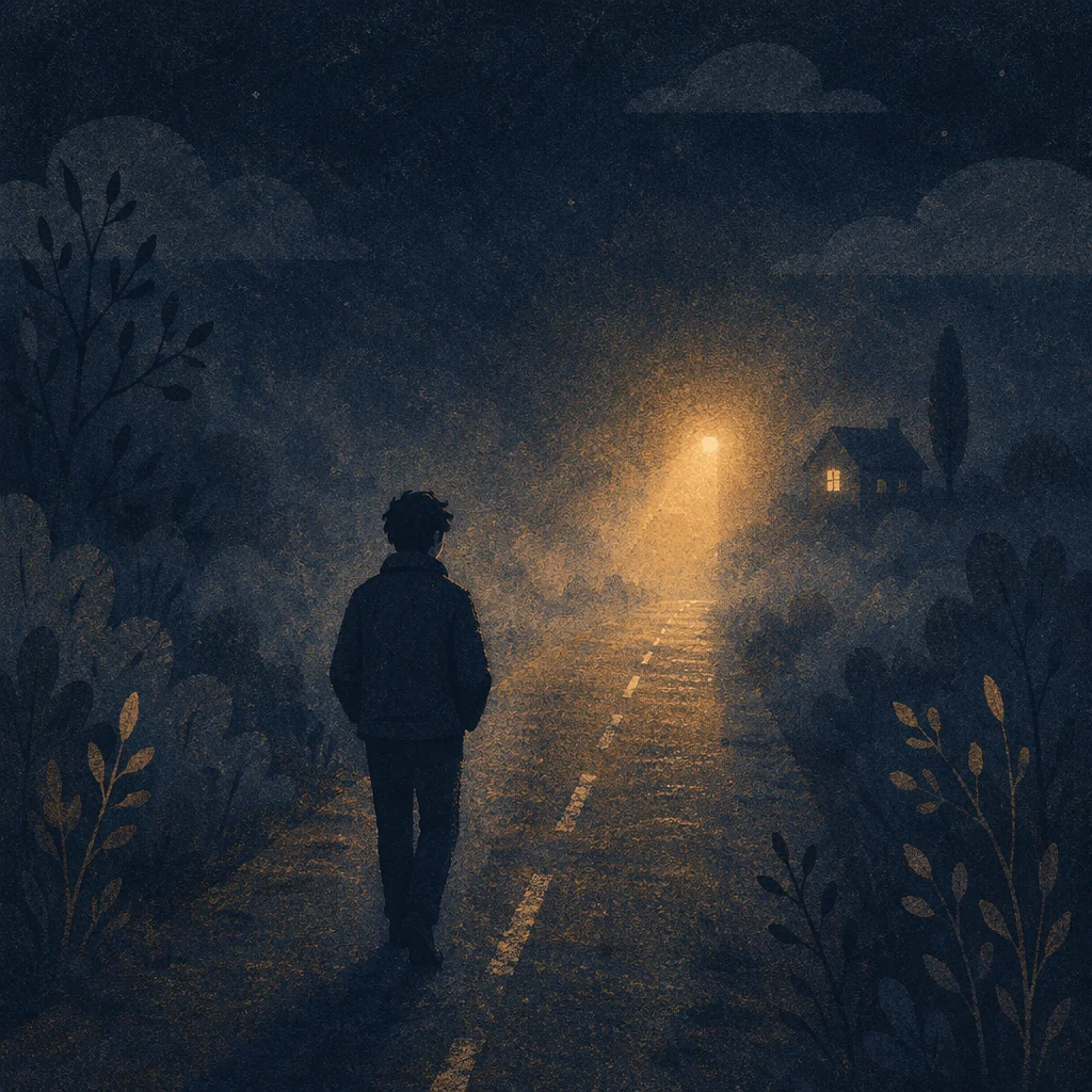 Lone Traveler Walking Through Fog Toward Light