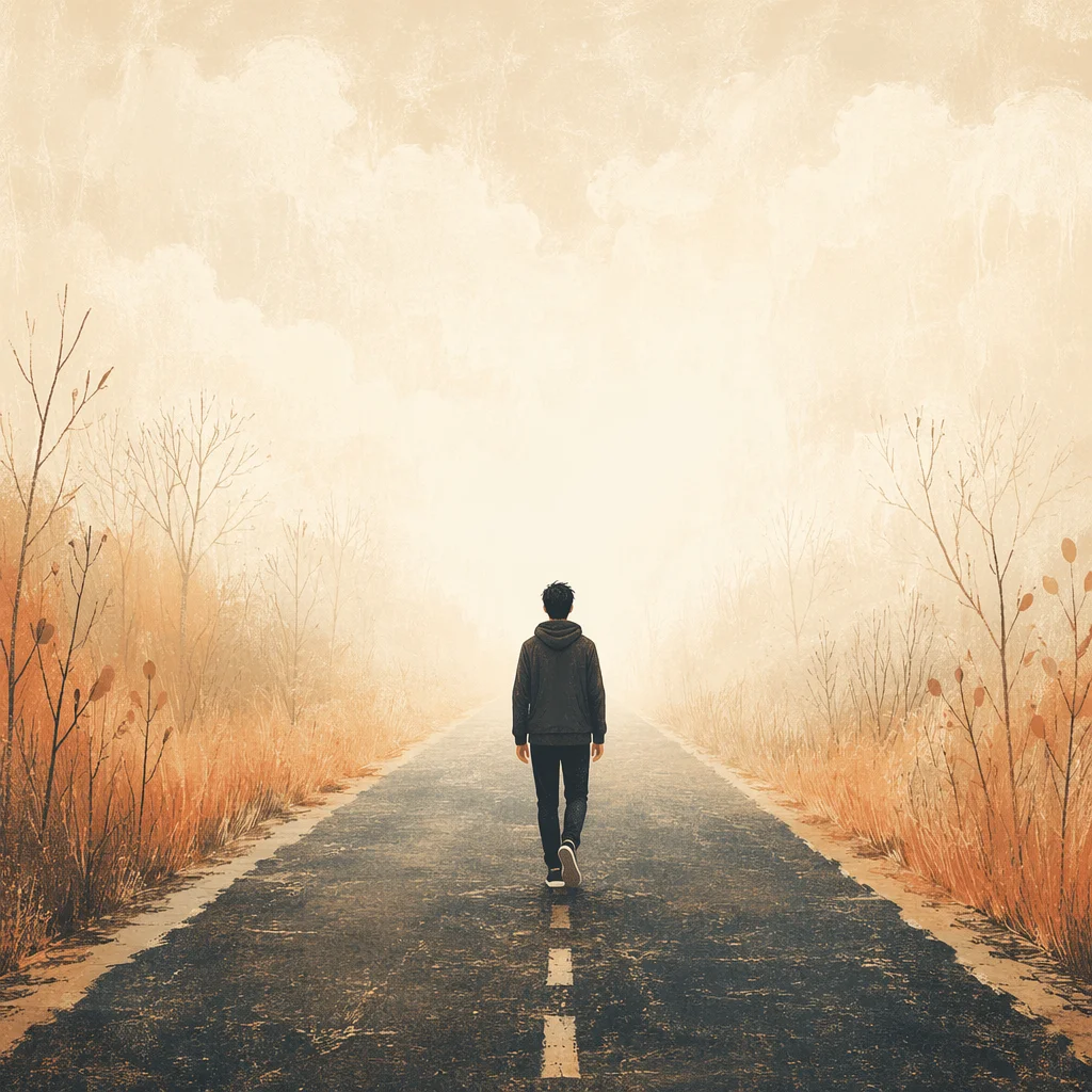Lone Walker Entering Glowing Fog