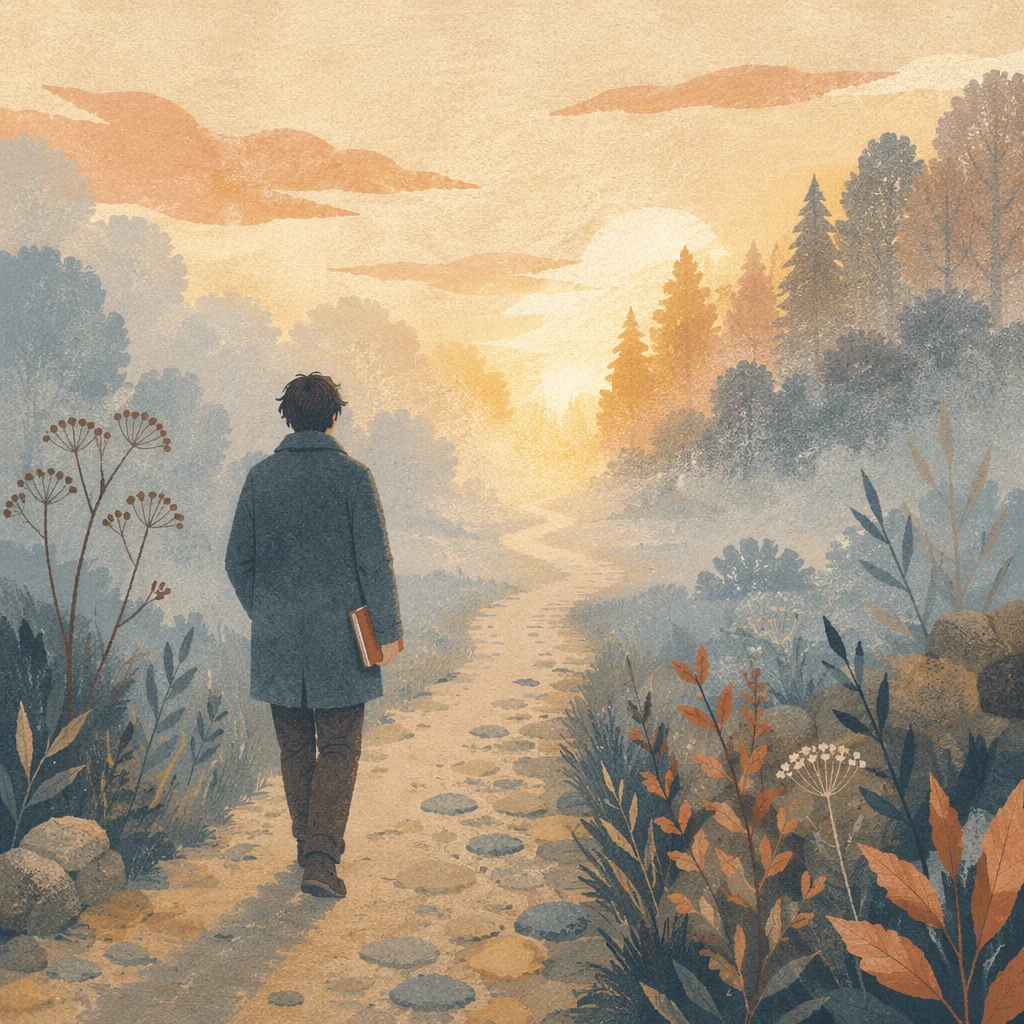 Solitary Walk Through Fog Toward Light