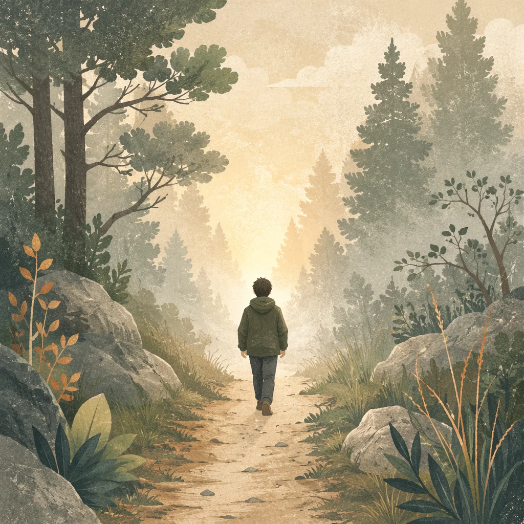 Solitary Walk Through Fog Toward Light
