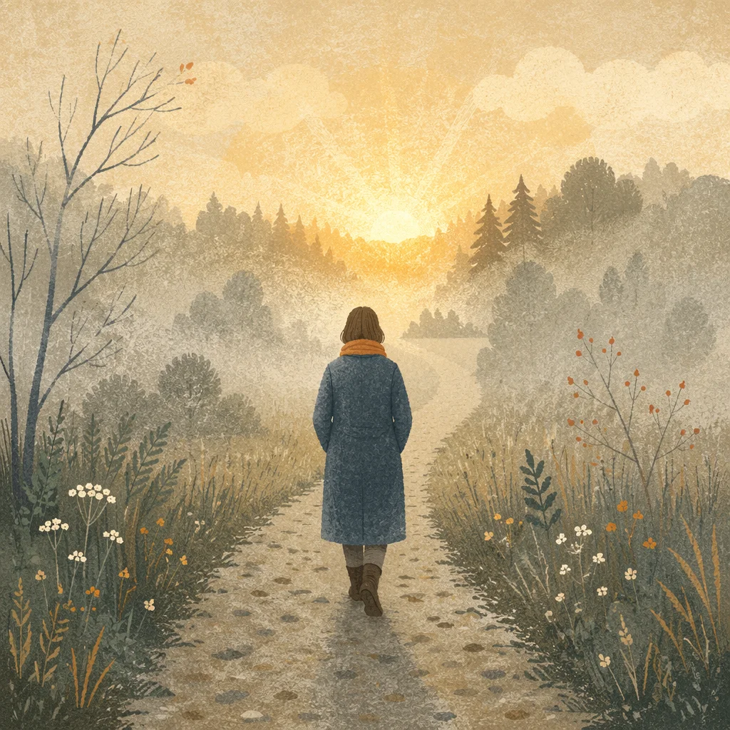 Walking Through Fog Toward Golden Light
