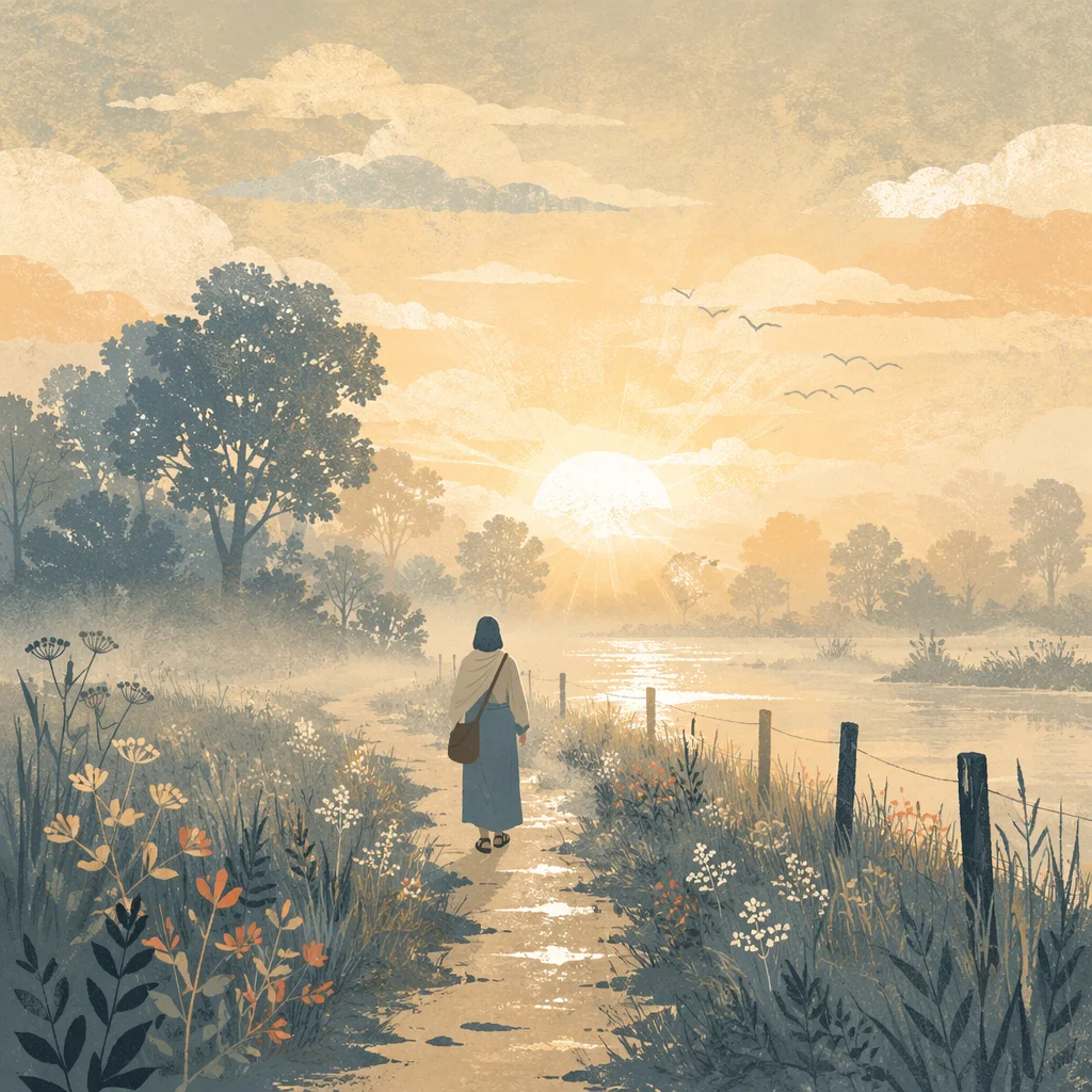 Lone Figure Walking Toward Sunrise Through Fog