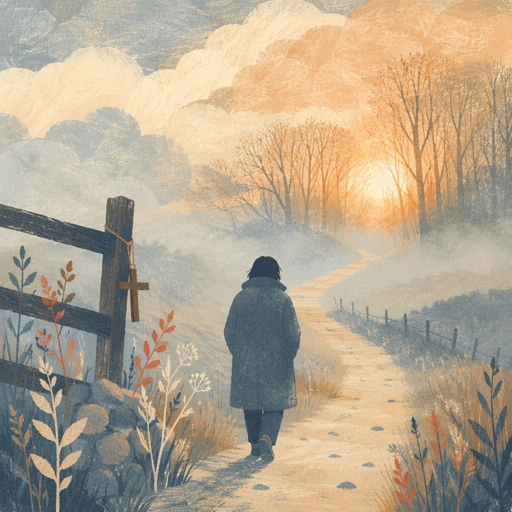 Lone Walker in Fog Toward Golden Light