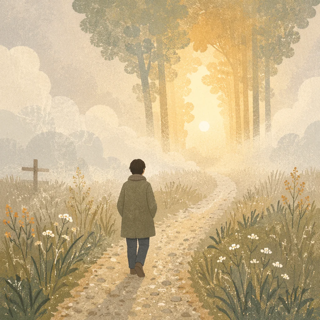 Solitary Walk Through Fog Toward Dawn Light