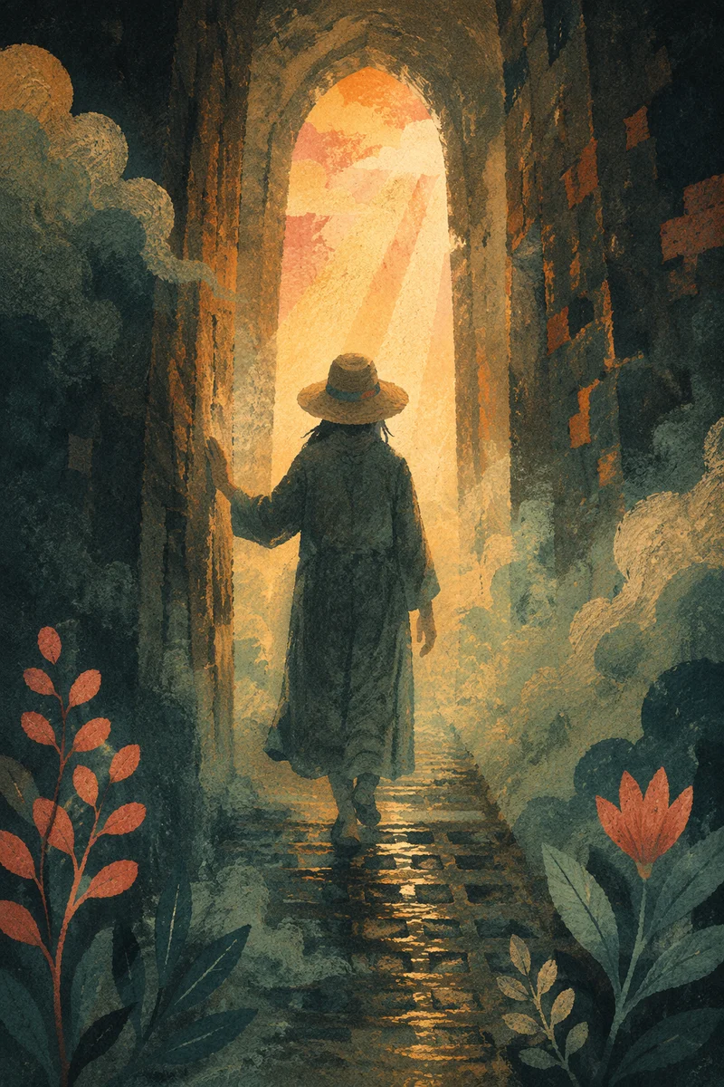 Lone Figure Walking Through Fog Toward Light