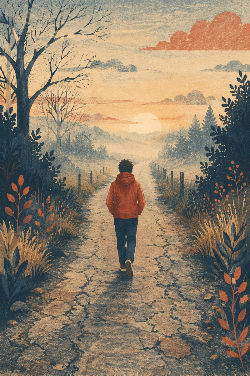 Solitary Walker Entering Foggy Sunrise Road