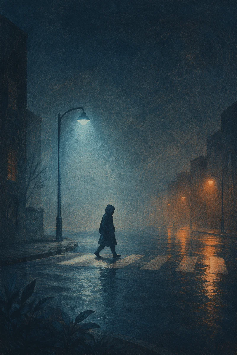 Silhouetted Walker in Fog Toward Light