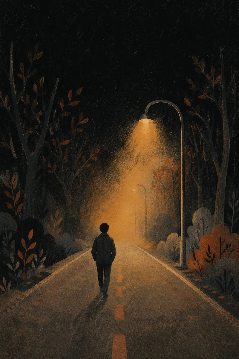 Lone Walker Entering Foggy Amber Light