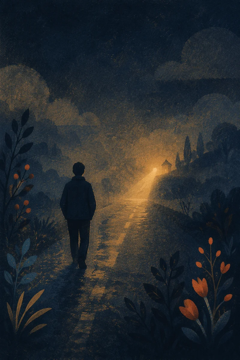 Lone Traveler Walking Through Fog Toward Light