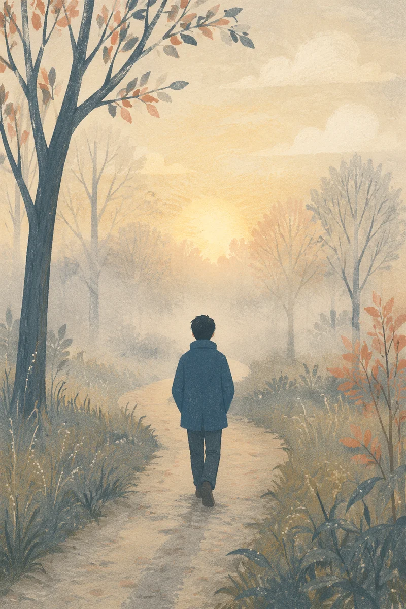 Walking Through Fog Toward Morning Light