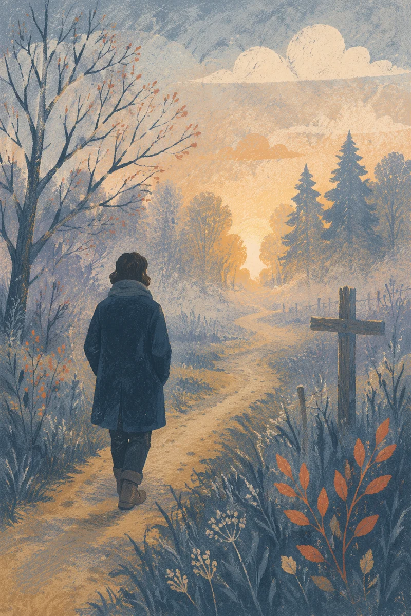 Solitary Walk Through Fog Toward Light